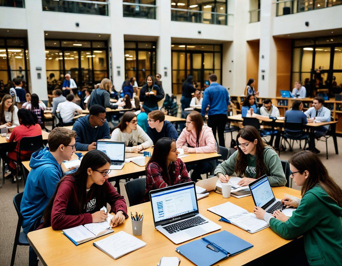 A vibrant college campus scene featuring diverse students collaboratively engaging in various academic activities, such as studying together in a library, brainstorming ideas on a whiteboard, and networking at an outdoor seminar. Surrounding them, colorful banners highlighting different campus resources like career services, workshops, and clubs. The atmosphere is energetic and inspiring, symbolizing the theme of unlocking opportunities. super-realistic. vibrant colors.